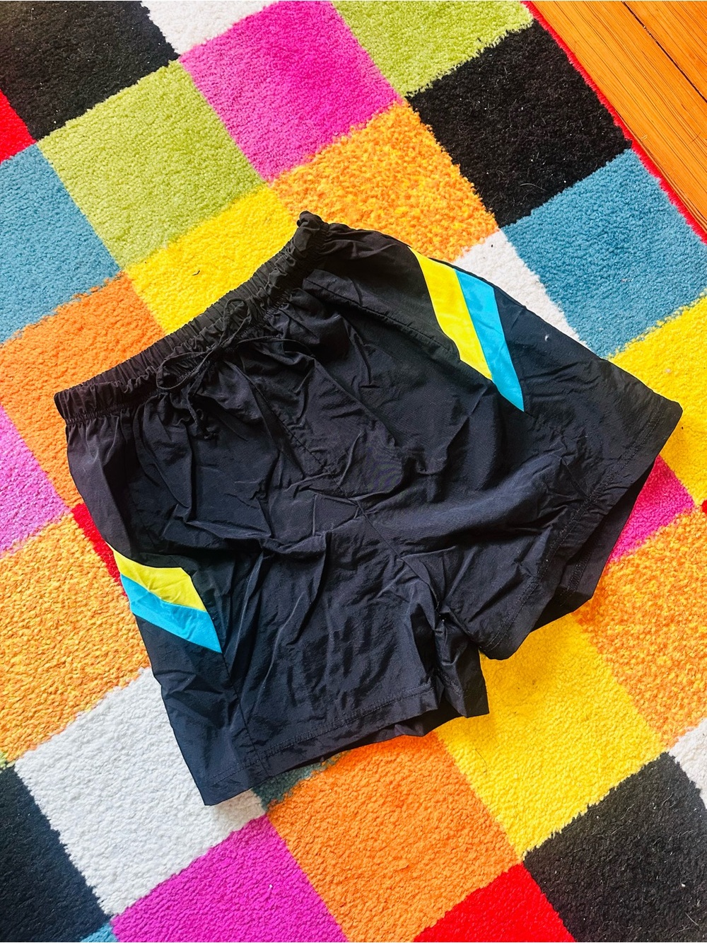 Women's Black Athletic Shorts with Blue and Yellow Accent